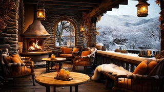 Warm Outdoor Coffee Shop Ambience - Soothing Jazz Instrumental With Relaxing Snow For Study And Work