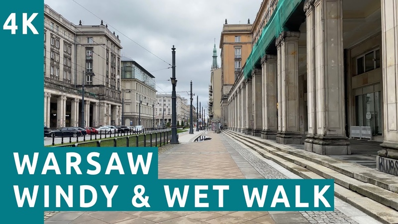 4 K Warsaw Walking in Plac Konstytucji, Windy Wet, ASMR Binaural, Poland