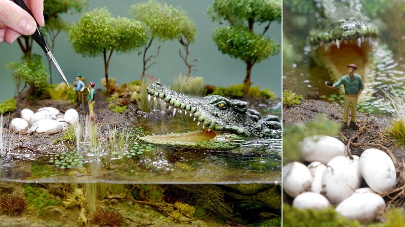 MONSTER CROCODILE Protects Her Eggs , Swamp Diorama, Resin, Polymer