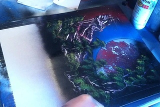 spray painting nature, planet and mountain castle